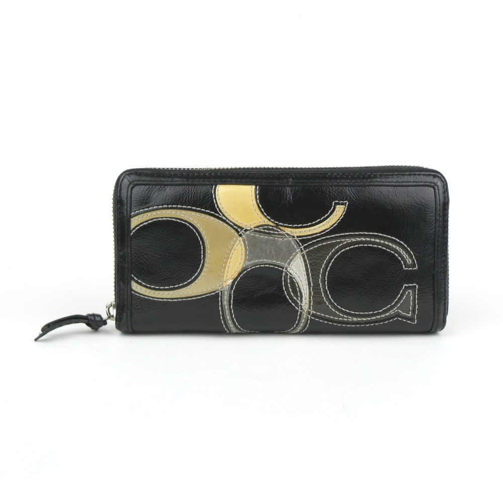 Coach Black Patent Leather Stitched C Zip Around Wallet